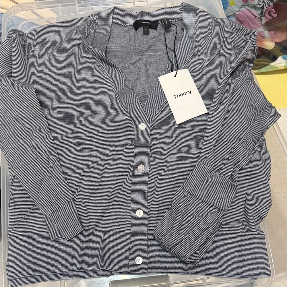 Theory Navy and White Button-Up Cardigan